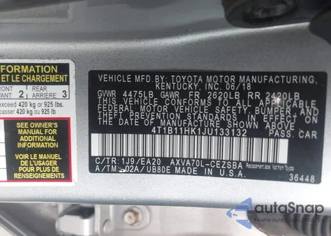 2018 Toyota Camry Se z USA, uszkodzony, nr VIN 4T1B11HK1JU133132